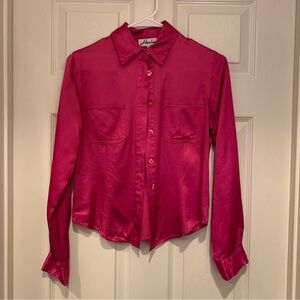 Fuchsia Pink Satin Harlow Fuchsia Button-Up Blouse, Size XSmall